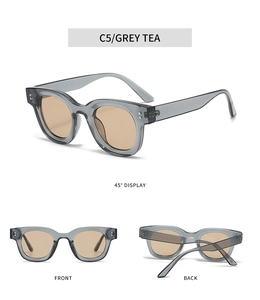 Detailansichten der ovalen Sonnenbrille in Grautee mit Nieten und UV-Schutz