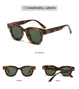 Detailansicht der ovalen Sonnenbrille in Schildpattgrün mit Nieten und grünen Gläsern