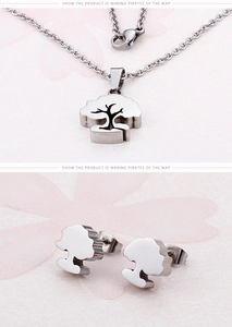 Silver tree of life pendant necklace and matching stud earrings jewelry set detail