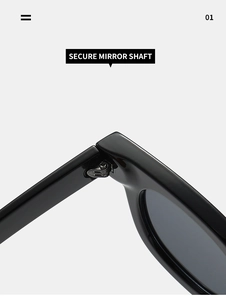 Nahaufnahme des stabilen Scharniers und Bügelgelenks dieser schwarzen Sonnenbrille