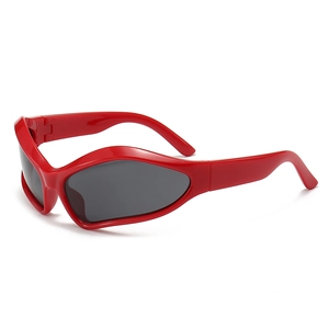 Y2K sporty red wraparound sunglasses with dark lenses for men and women, 45-degree angle view