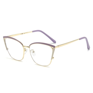 Fashion cat-eye metal eyeglasses frame in gold and lilac with anti-blue light lenses