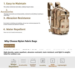 Detail of desert camo tactical backpack showing waterproof nylon fabric and MOLLE webbing