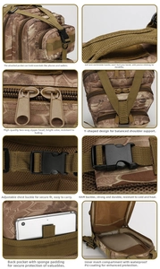 Tactical 3P backpack details showing waterproof PU coating and ergonomic Y-strap system