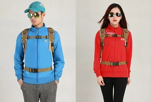 Detail of adjustable tactical backpack shoulder straps with chest buckle and waist belt