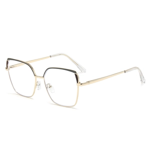 Gold metal oversized square cat-eye glasses with black accents and blue light lenses