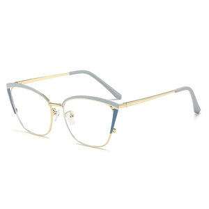 Stylish cat-eye metal frame glasses with blue two-tone hollow design and clear lenses
