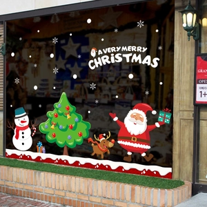 Detailed Christmas window decals featuring Santa, reindeer and Merry Christmas text