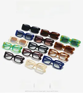 Flat lay display of retro thick frame square sunglasses in various trendy colors