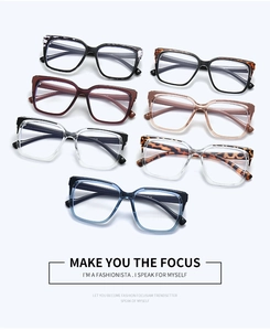 Detailed flat lay of seven colorful square TR frame blue light blocking glasses