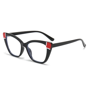 Fashionable black cat eye TR frame glasses with red accents and blue light blocking lenses
