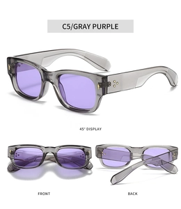 Vue détaillée de lunettes carrées avec monture grise, verres violets et rivets dorés
