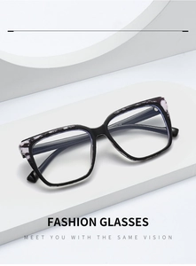 Detailed close-up of fashion square glasses frames with black marble pattern on the temples