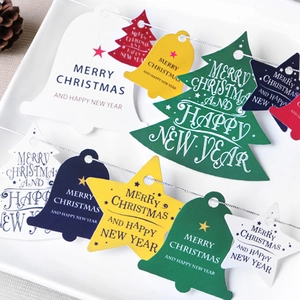 Colorful Christmas gift tags set featuring tree, bell, and star shapes with silver strings