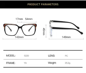 Detailed size chart for square TR90 frame glasses showing dimensions and 25.2g weight