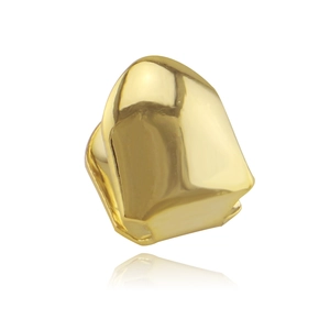 Polished 18K gold-plated hip hop vampire single canine tooth grillz on white background