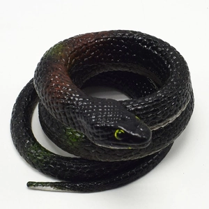 Top-down macro view of realistic rubber snake with detailed black scales and green eyes