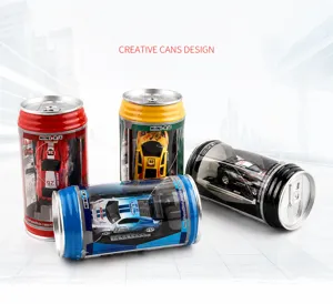 Four colorful mini remote control cars in creative soda can packaging with race car decals