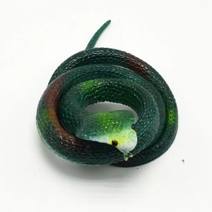 Detailed view of the realistic TPR toy snake featuring green scales and brown spot patterns