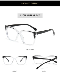 Detail view of transparent square TR eyeglass frame with stylish black contrast accents