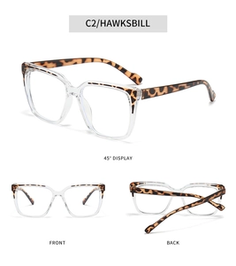Three views of square blue light blocking glasses in tortoise and transparent color