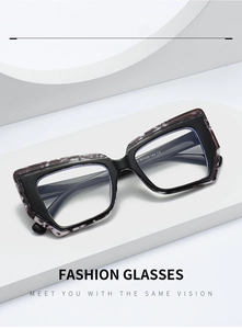 Detail view of cat-eye frames with tortoise shell texture and temple size specifications