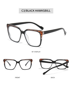 Detailed views of square anti-blue light glasses frame in black and hawksbill pattern