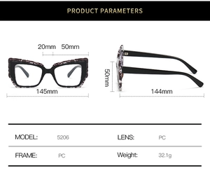 Detailed size guide for cat-eye glasses frame with precise dimensions and weight specs