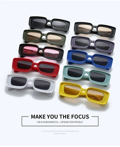 Detailed view of fashion rectangular sunglasses in ten vibrant assorted colors
