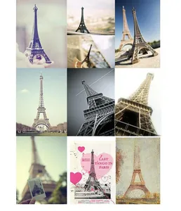 Collage of vintage Eiffel Tower art prints, postcards and metal ornaments for decor