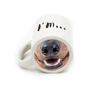 Funny ceramic coffee mug with I'm text and realistic dog nose print on white background