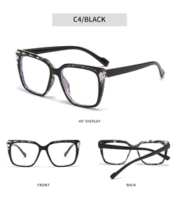 Detailed views of square black TR frame with stylish white marble patterns on temples