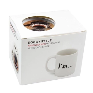Funny white ceramic dog nose mug in a premium cutout gift box with creative lettering