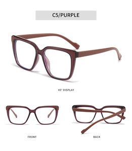 Detailed views of square anti-blue light glasses frames in purple with brown temples