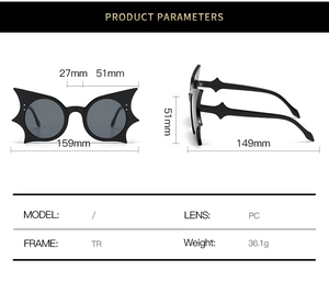 Détails lunettes chauve-souris montrant largeur de 159mm et longueur de branche de 149mm