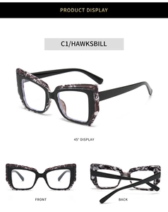 Detailed views of cat-eye frames in black and tortoiseshell with blue light blocking lenses