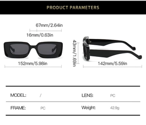 Detailed technical diagram showing dimensions and PC material specs for black square sunglasses