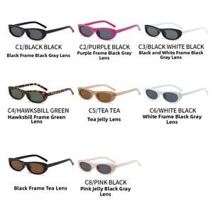 Vue à plat de petites lunettes de soleil ovales en huit couleurs dont noir, rose et blanc