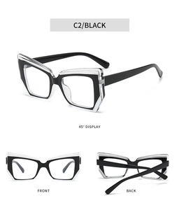 Detailed views of geometric cat-eye glasses frame in black and transparent finish