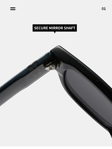 Détail de la charnière métallique sécurisée et de la monture noire polie des lunettes