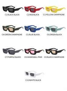 Flat lay of retro rectangle sunglasses in ten colorful frame options for men and women