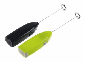 Detail of handheld electric milk frother set in black and turquoise on white background