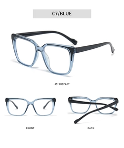Detailed multi-angle views of square blue TR90 frames with black temples for men and women