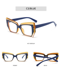 Detailed views of geometric TR blue light blocking frames in bicolor blue and orange
