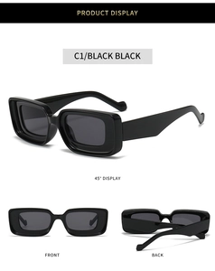 Three-angle product display of retro rectangular black sunglasses with double-layered frames