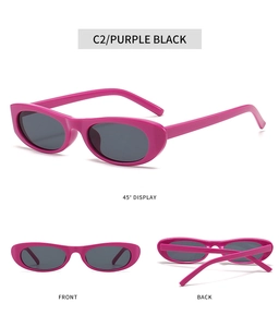 Vues détaillées de lunettes de soleil ovales mauves avec verres foncés de face et de dos
