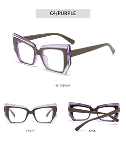 Cat-eye geometric eyewear frame in C4 purple and dark brown with multi-angle views