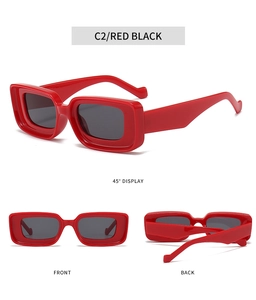 Three-view layout of red rectangular sunglasses with thick glossy frames and grey lenses