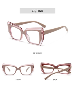 Detailed views of pink cat-eye TR glasses frames showing front, back, and 45-degree angle