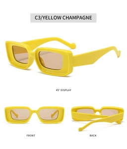 Three views of yellow rectangle sunglasses with champagne lenses in front and side angles